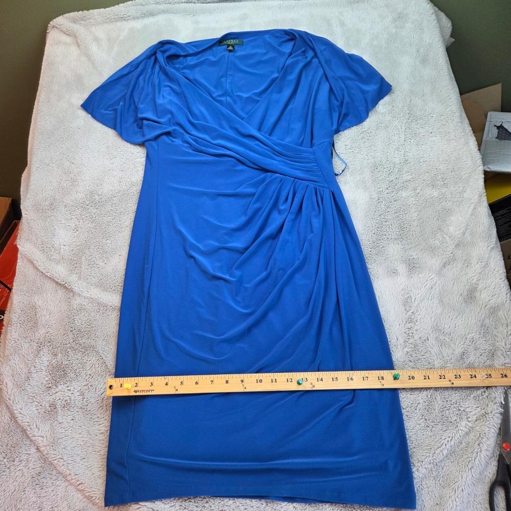 Lauren Ralph Lauren Sheath Dress Womens 14 Blue Faux Wrap Ruched V-Neck Jersey